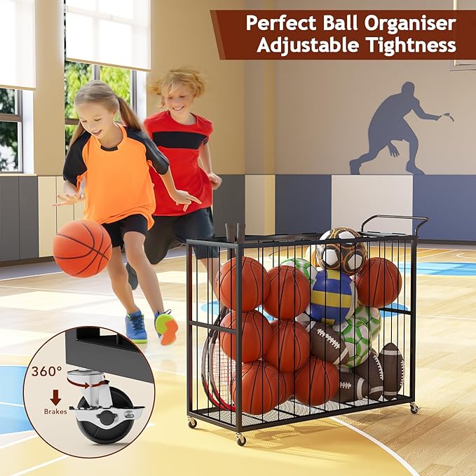 Homsorout Ball Storage Bin Rolling Sports Ball Cart, Metal Garage Organizer Sport Rack, Ball Basket Storage, Ball Cage for Garage or Gym, Indoor & Outdoor Sports Equipment Organizer