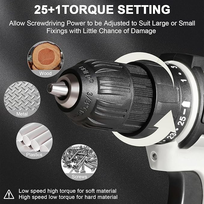 12V Cordless Drill Driver Kit, 2-Speed 0-1600 RPM, 25+1 Torque, 3/8" Keyless Chuck, LED Light, Battery & Charger, Drill Bits Set, for Wood/Metal/Plastic DIY Projects, Home Repair