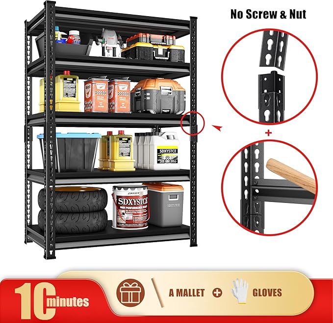 Garage Shelving Heavy Duty, 2200 Lbs Loads Garage Storage Shelves Heavy Duty, 5-Tier Metal Shelving Units and Storage for Basement, Retiple Tanks,40''Wx18 Dx72 H,Black