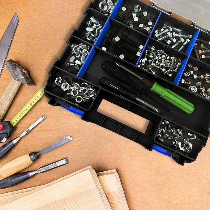 Double Side Tool Box Organizer, Hardware Storage Box, Portable Small Parts Organizer with Removable Plastic Dividers for Screws, Nuts, Nails, Bolts (Blue)