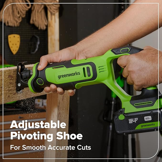GREENWORKS 24V (6-Tool) Combo (Drill, Impact Driver, Circular Saw, Reciprocating Saw, Multi-Tool, Flashlight), 4.0Ah + 2.0Ah (24,000mAh Power Bank) Batteries, (2) Cables, 65W Rapid Charger