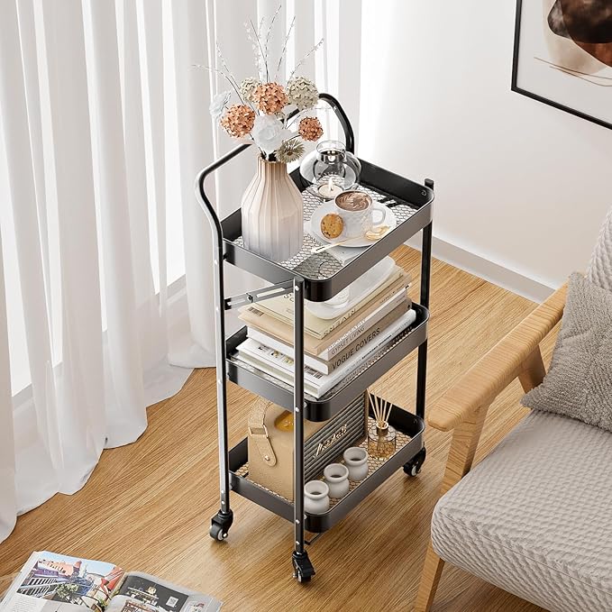 JAQ No Assembly Foldable Rolling Cart, 3 Tier Black Metal Folding Utility Cart with Handle, Heavy Duty Mobile Storage Organizer on Wheels for Office, Garage, Tools & Kitchen (Black)