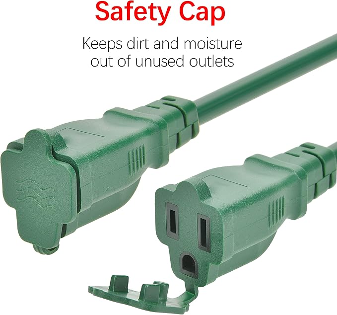 Clear Power 25ft 16/3 SJTW Green Landscape Extension Cord w/3 Inline outlets & Outlet Covers, for Christmas Lights and Holiday Decorations, CP10225