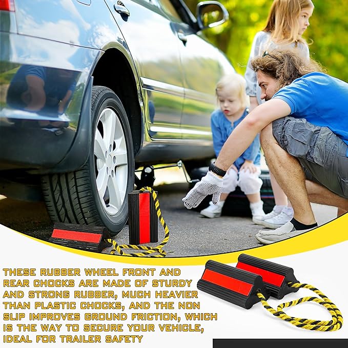 2 Pair Heavy Duty Wheel Chocks for RV Trailer, Rubber Wheel Stoppers, Dual Blocks Front and Back, Non Slip Tire Chock with Nylon Rope Reflective Tape for RVs Travel Trailers Car(Red)