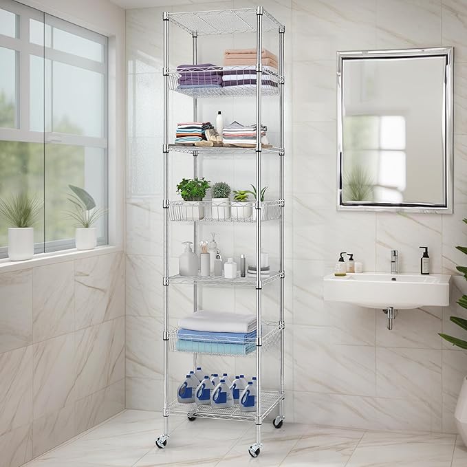 Finnhomy Heavy Duty 7 Tier Wire Shelving Unit with Wheels 18x18x78.8-inches 7 Shelves Metal Storage Rack Thicken Steel Tube, Adjustable Shelving Rack for Kitchen Bathroom Office, NSF Certified, Chrome