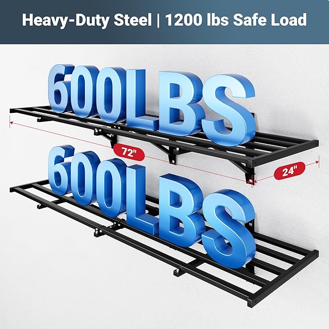 FLEXIMOUNTS 4-Pack 2x6ft Heavy Duty Garage Wall Shelving, 1200lbs Capacity, Garage Shelving Wall Mounted with 8 Hooks, Storage for Power Tools, Garden Supplies, Storage Bins, Lite Series