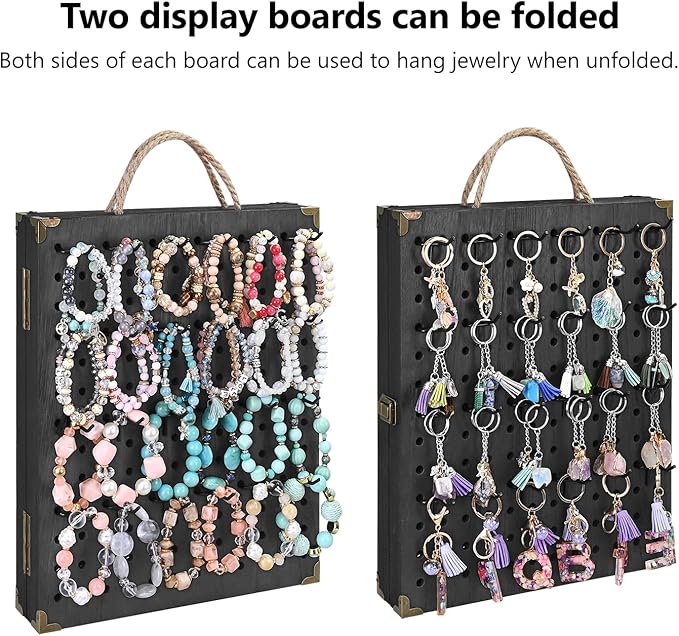 MOOCA Wooden Foldable and Portable 2 Panel Pegboard Jewelry Display Organizer with 48 Removable Black Metal Hooks & Convenient Rope Handle for Easy Carrying, Dual-Sided Panels for Hanging, Black Color