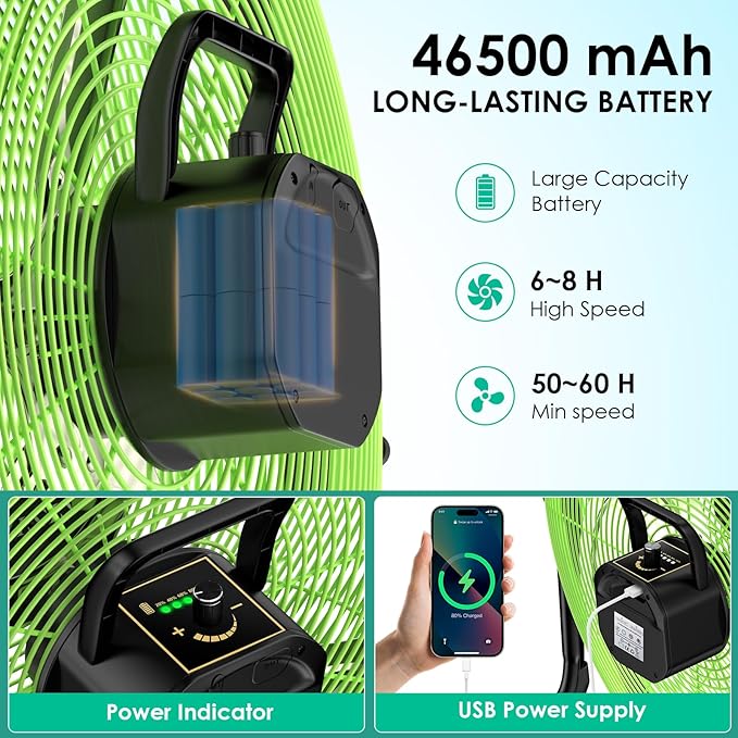 20'' Large Battery Fan, Portable Cordless Camping Fan, Rechargeable Battery Floor Fans, 360° Tilt, Wireless, USB Output, for Home Office Gazebo Greenhouse Outside Gym