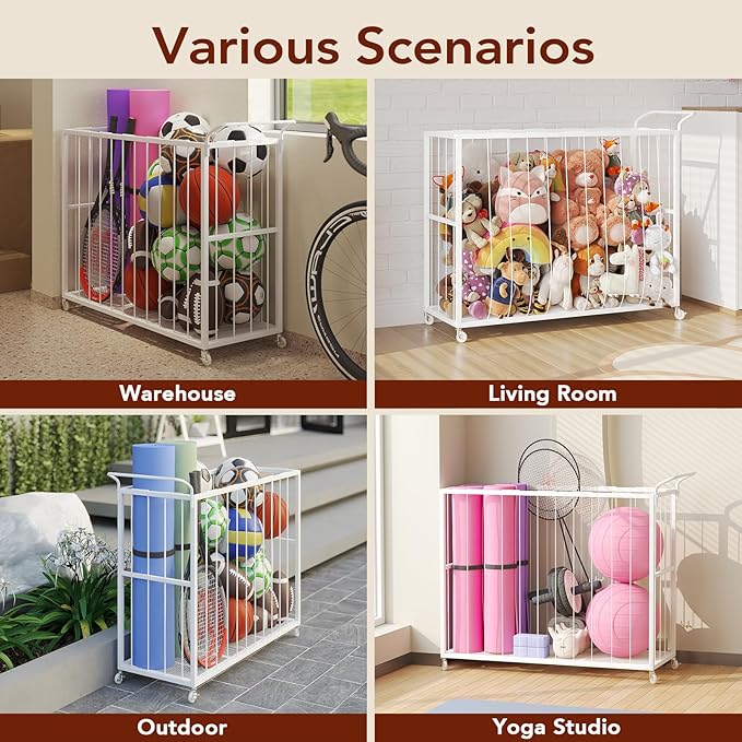 Homsorout Ball Storage Bin Rolling Sports Ball Cart, Metal Garage Organizer Sport Rack, Ball Basket Storage, Ball Cage for Garage or Gym, Indoor & Outdoor Sports Equipment Organizer