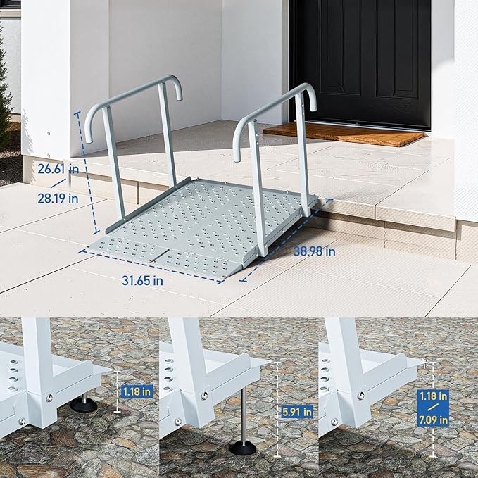 Portable Wheelchair Ramp with Handrails, Non-Slip Iron Handicap Ramp 440lbs Load Capacity, 40-inch Length Wheelchair Ramp for Home Steps, Stairs, Doorways and Curbs