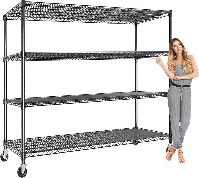 Metal Shelving with Wheels, 2640LBS 4-Tier Heavy Duty Garage Storage Shelves, Adjustable Wire Rack Shelving Unit w/Casters, Rolling Shelf for Home, Workshop, Basement, 74" H×24" D×60" W