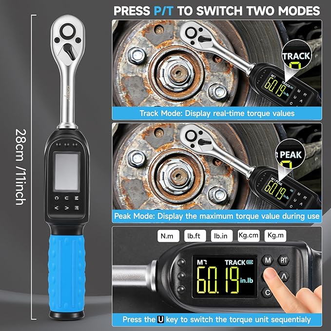 DISEN 3/8 inch Digital Torque Wrench (5-135 N.m / 3.7-99.6 Ft.lb), ±2% Accuracy, 8 Presets & 500 Data Memory, 5 Units, LED & Buzzer Alert, Tracking/Peak Modes, for Automotive Motorcycle Bicycle DIY