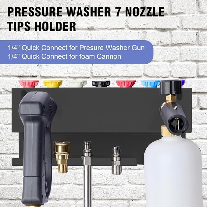 Pressure Washer Gun Holder, Wall Mounted Foam Cannon & Car Wash Accessories Storage Rack for Wand Extension and Nozzle Tips, Fits 1/4" Quick Connector, Black