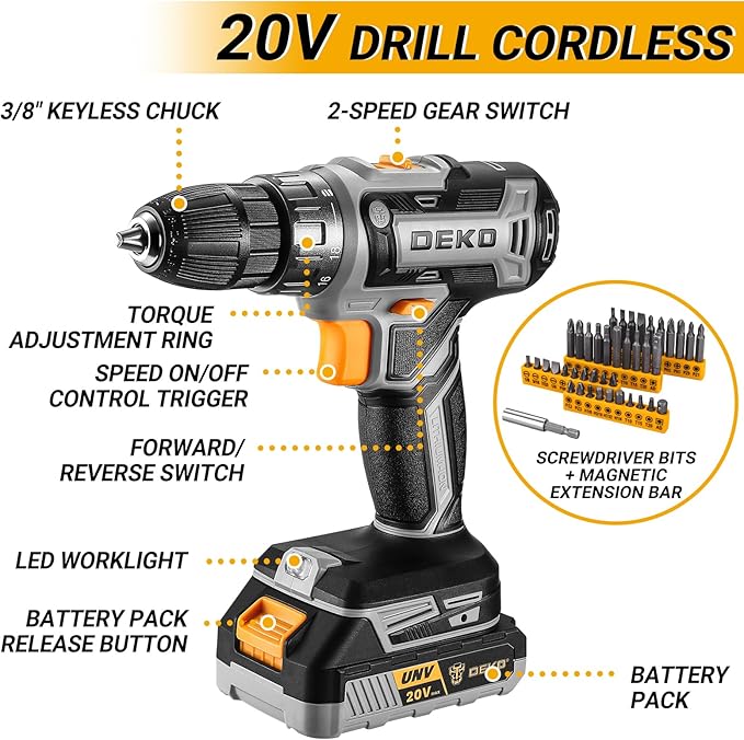 Cordless Drill Tool Kit Set: 20V Power Drill Tool Box with Battery Electric Drill Driver for Men Home Hand Repair Basic Toolbox Tools Sets Drills Case