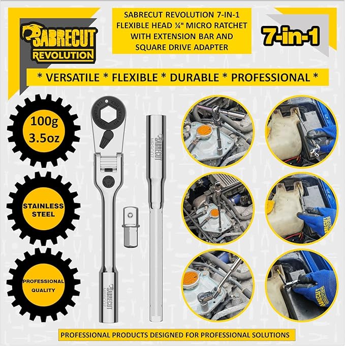 1 x SabreCut MRSC07 7-in-1 Flex Head 6.3mm 1/4" HEX Magnetic Mini Micro Ratchet with Extension Bar and 1/4" Square Drive Socket Adapter Stainless Steel Professional 60 Tooth Gear Hand Ratchet Wrench