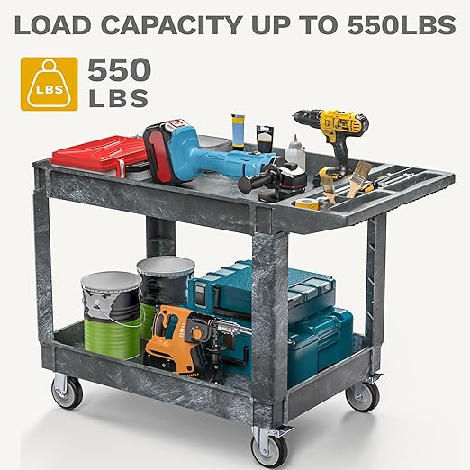 DWVO 2 Tier Utility Cart on Wheels, 550 lbs 2 Shelf Heavy Duty Plastic Rolling Carts, 45 x 25 in Plastic Tool Cart Work Cart with Locking Swivel Wheels & Handle for Warehouse Garage School & Office