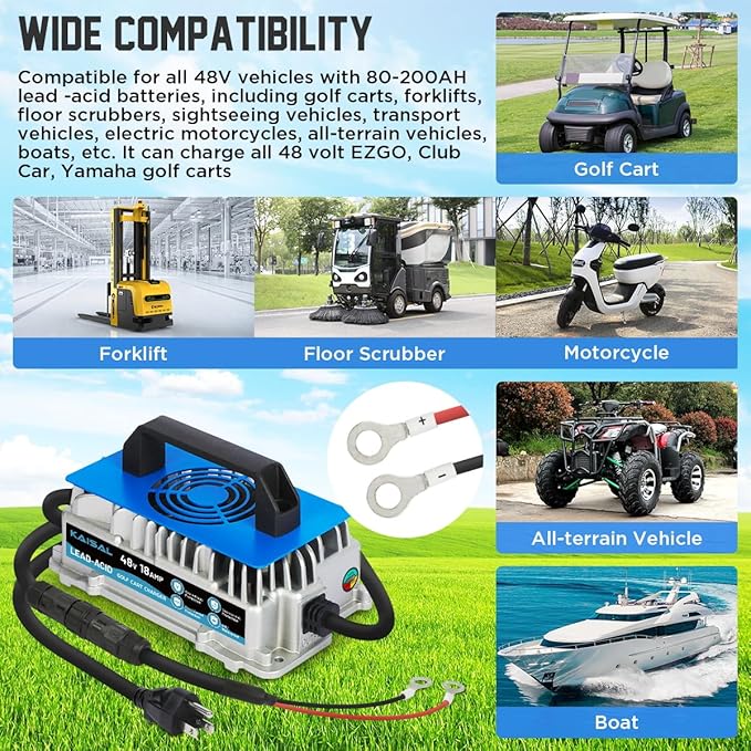 48V 18A Charger 1250W Golf Cart Battery Charger 48 Volt for Club Car/EZGO/Yamaha Onboard Lead-Acid Golf Cart Charger, for 48V Forklift, Lawn Mower, Pallet Jack, Scissor Lifter, Floor Scrubber, Marine