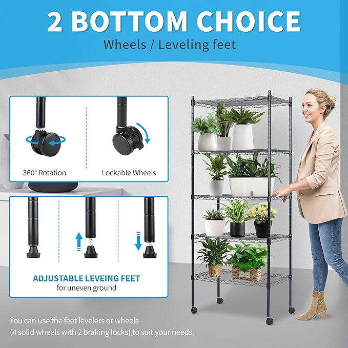 Simple Deluxe 5-Tier Storage Shelves, 29.92" W x 13.78" D x 65 "H Adjustable Heavy Duty Wire Shelving, 1250 Lbs Loading Capacity, Black
