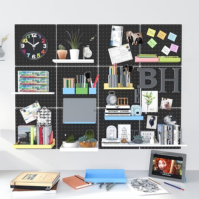 Peg Board, 6 Pack 12"x12" Black Metal Pegboard Panels Pegboards Wall Organizer with Bent Frame Large Heavy Duty Peg Board for Walls Home, Garage Tool Storage, Workbench, Craft Room, Kitchen