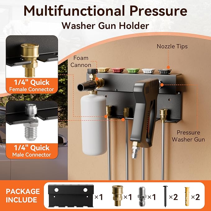Pressure Washer Gun Holder,Foam Cannon Holder Wall Mount，Pressure Washer Nozzle Tip&Wand Extension Storage Rack，Car Wash Accessories Organizer(Fit 1/4" Quick Connector)
