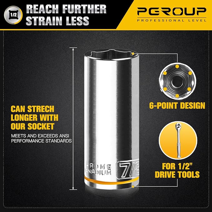 10PCS 1/2” Drive Deep Socket Set, SAE (3/8"-15/16"), 6-Point, Cr-V Steel, Chrome Plated Socket With Hanging Bracket, Cover Most Commonly Sizes