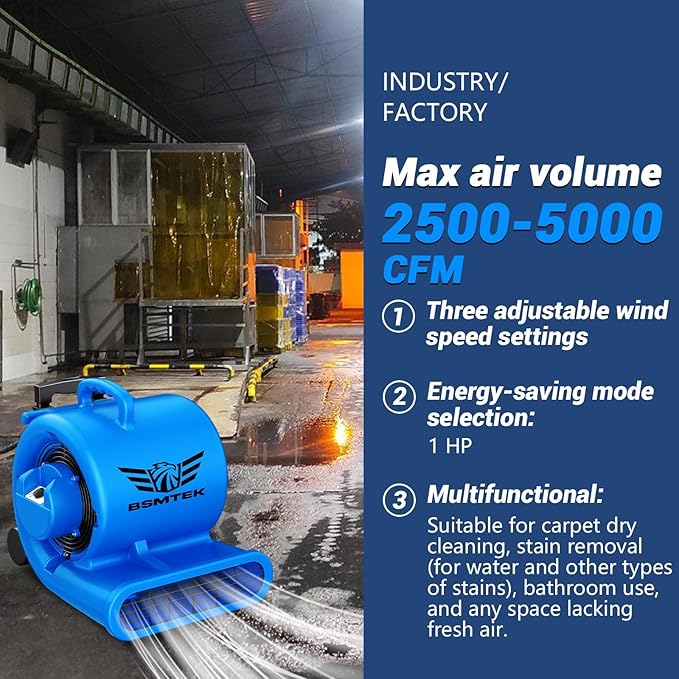 5000 CFM 1HP Air Mover Blower Fan, Floor Blower Dryer - Timer for Industria, 3 Speeds, 4 Adjustable Angles, Handle Wheelkit, 15Ft Long Cord Portable, Stackable - 2026 Upgraded, Blue