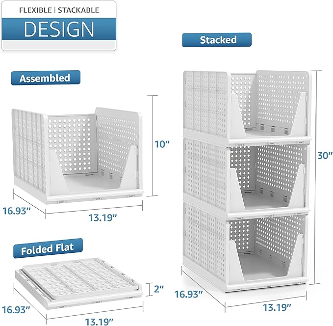Sorbus 3 Pack Folding Closet Shelf Organizer for Clothes - Versatile Stackable Storage Baskets for Closet, Bathroom, Kitchen and Garage - Easy Access Open Front Design - Plastic Organizer Shelves