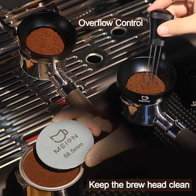 58mm Dosing Funnel and 58.5mm Puck Screen and Espresso Distribution Tool Set, Magnetic Coffee Funnel, Reusable 58.5mm Espresso Puck Screen(Black)