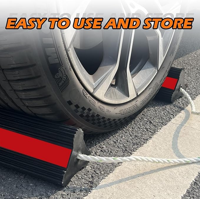 Vacallity Wheel Chocks for Travel Trailers Camper RV Truck Car, Solid Rubber Sturdiness Heavy Duty Simple Easy to use, Tires Chock Block Stopper with Nylon Rope Red Reflective Tape