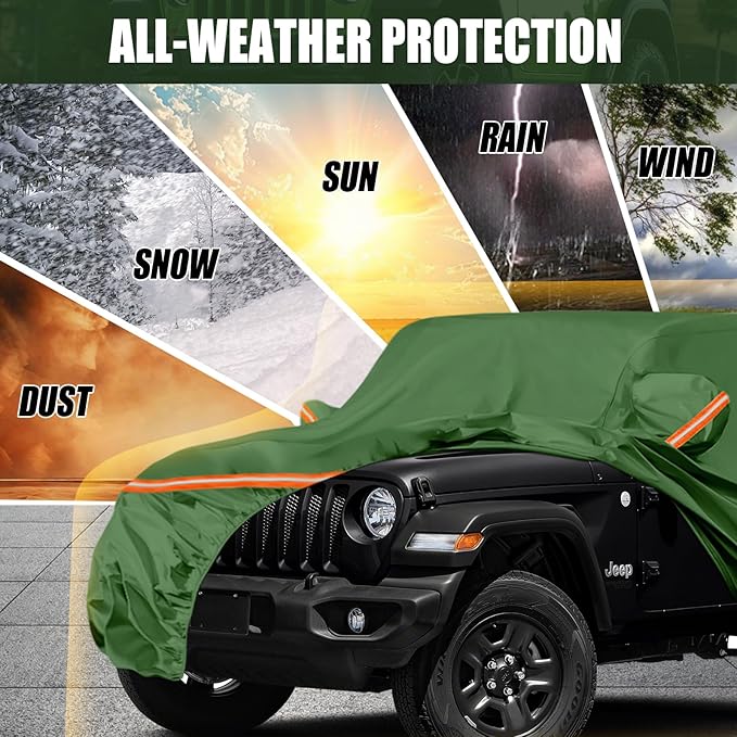 Waterproof Car Covers Replace for 2007-2025 Jeep Wrangler 2 Door, Multilayer Heavy Duty with Cotton Liner All Weather Car Cover with Zipper Door, Windproof Bands for Snow Rain Dust Protection