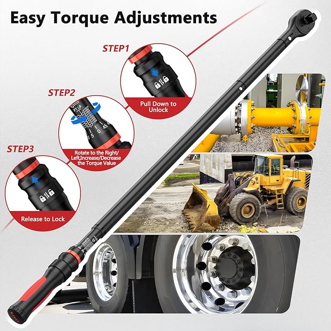 VANPO Torque Wrench 1 Inch Drive 200–1000 Ft-Lb Industrial Heavy Duty Click Type for Mining, Oilfield & Structural Work – TPR+ABS Handle, ±3% Accuracy, 24-Tooth Ratchet, 48" Long Handle with Case