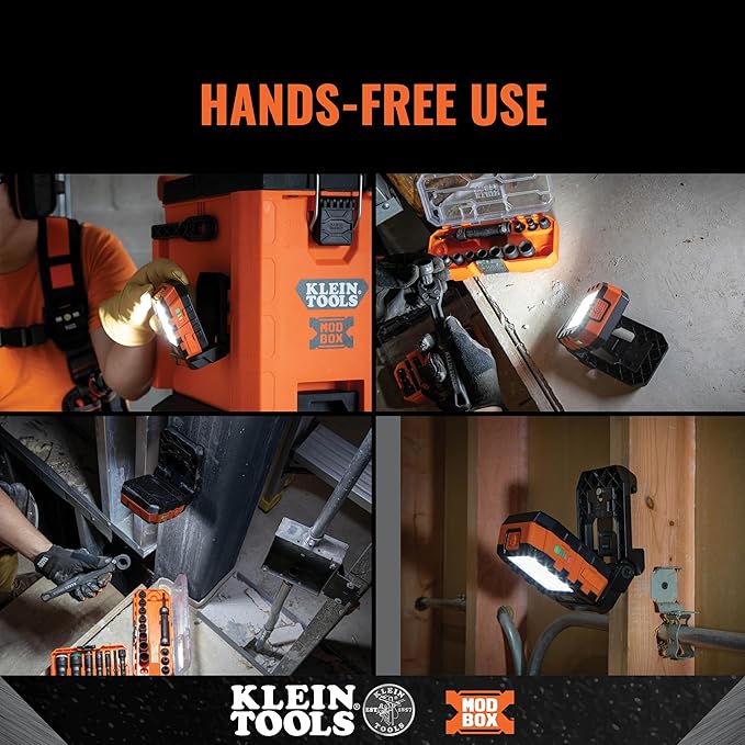 Klein Tools 56416 Rechargeable LED Work Light, 1000-Lumens, Magnetic Work Light with 3 Modes, 360-Degree Rotation and Kickstand, Compatible with MODbox Rail System