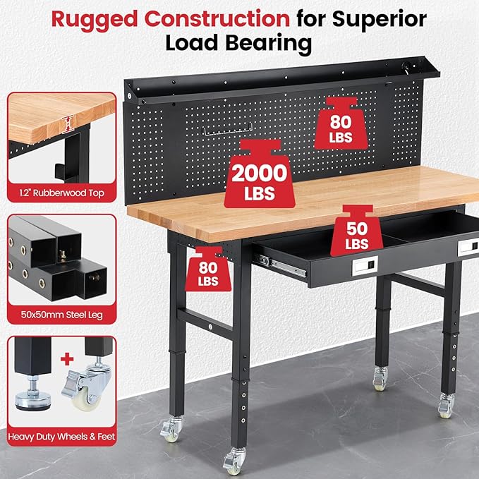 ENJOYWOOD 60" x 22'' Garage Workbench with Wheels Adjustable Height Rubberwood Work Table with Drawers, Pegboard, Power Outlets & LED Light Heavy Duty Rolling Workbench for Workshop & Home