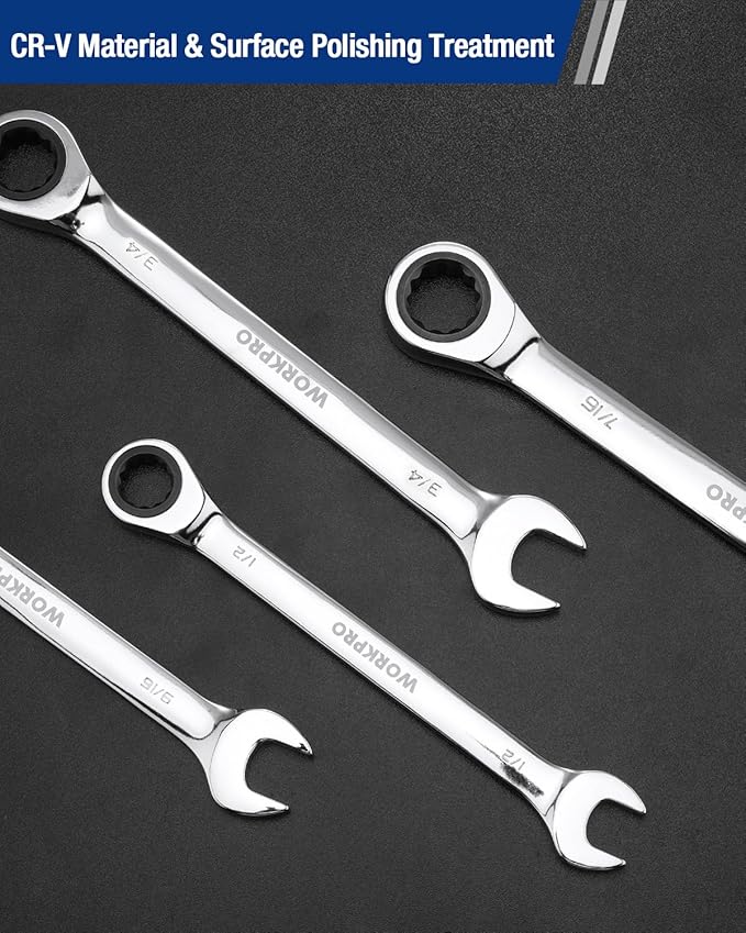 WORKPRO 3/4" Ratcheting Combination Wrench SAE, CR-V Constructed with Mirror Polish Chrome Plating, 12-Point Design, 15-Degree Offset