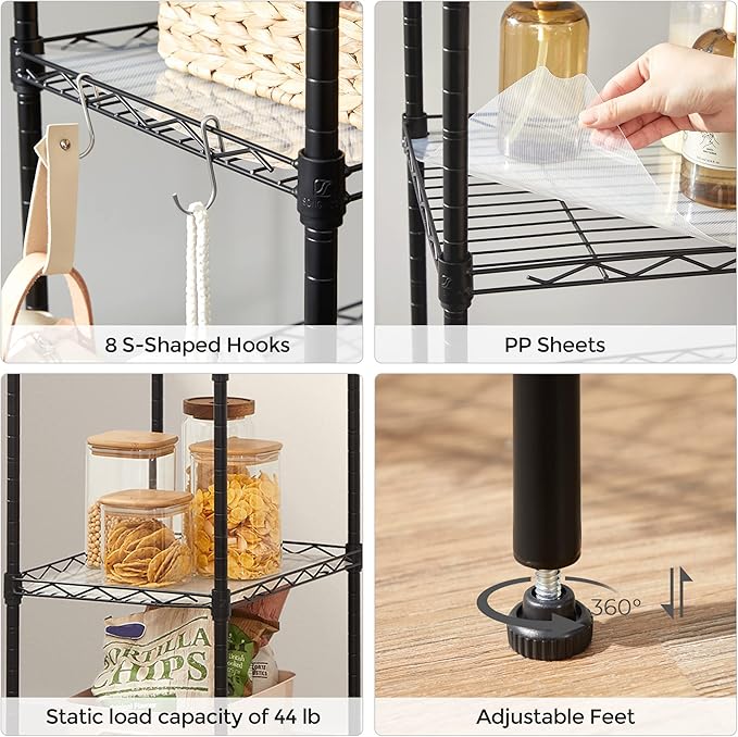 SONGMICS 5-Tier Storage Shelves, Wire Shelving Unit, Kitchen Metal Shelves, Storage Rack with Adjustable Shelves, Shelf Liners, 8 Hooks, for Garage, 11.8 x 15.7 x 47.6 Inches, Black ULGR115B01