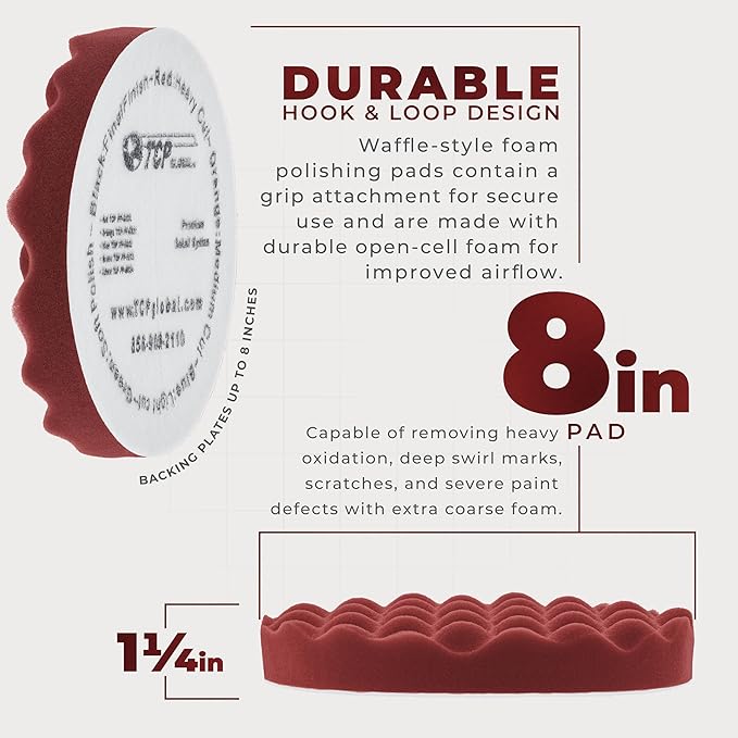 TCP Global 8" Red Waffle Foam Buffing Pad Hook and Loop Backing - Extra Coarse Buffing Pad for Polishing, Automotive, Marine, Truck, RV & Compound Cutting, Car Polishing Pads