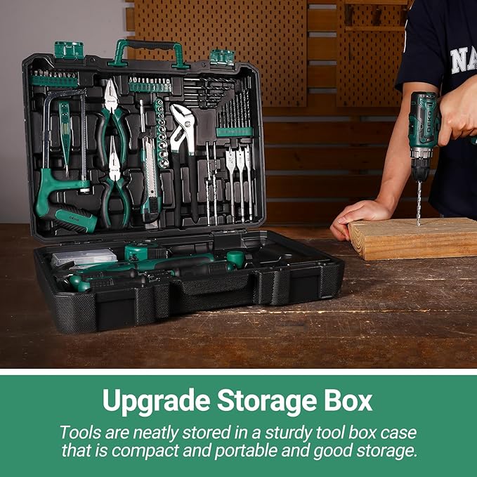 Green Drill Tool Kit Set: 20V Cordless Power Drill Tool Box with Battery Electric Drill Driver for Men Home Hand Repair Basic Toolbox Tools Sets Drills Case