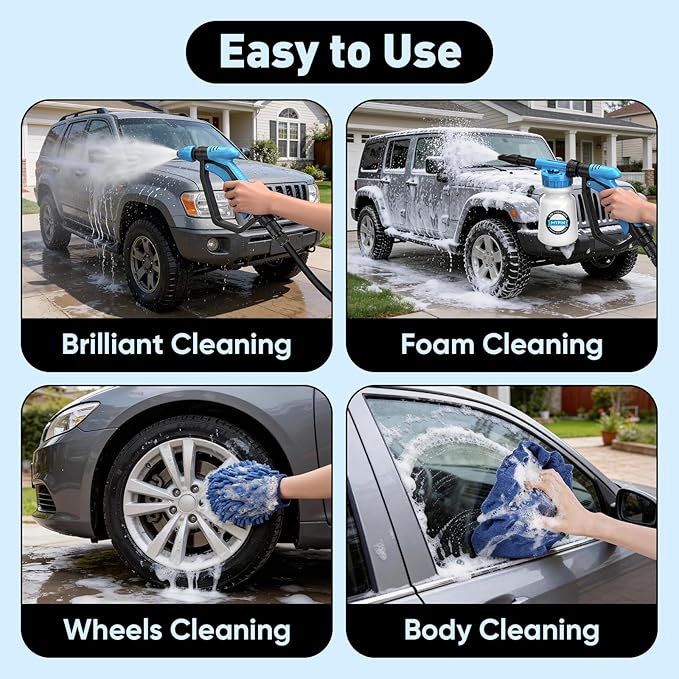 Upgraded Car Wash Foam Gun, Foam Cannon, Adjustable Hose Wash Sprayer with 2.5 to 6 Bars Foam Blaster, NEW Handle, Wash Mitten &Towel, Suitable for Car Cleaning & Garden Use with 1/2” Quick Connector