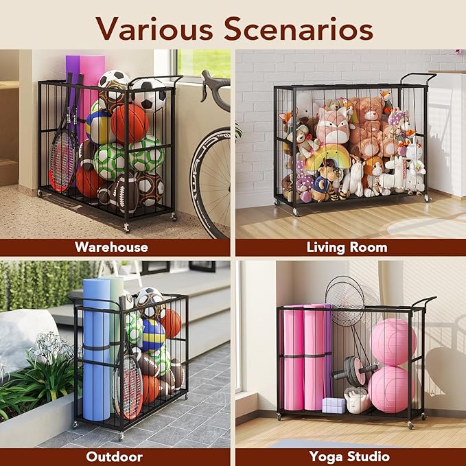 Homsorout Ball Storage Bin Rolling Sports Ball Cart, Metal Garage Organizer Sport Rack, Ball Basket Storage, Ball Cage for Garage or Gym, Indoor & Outdoor Sports Equipment Organizer