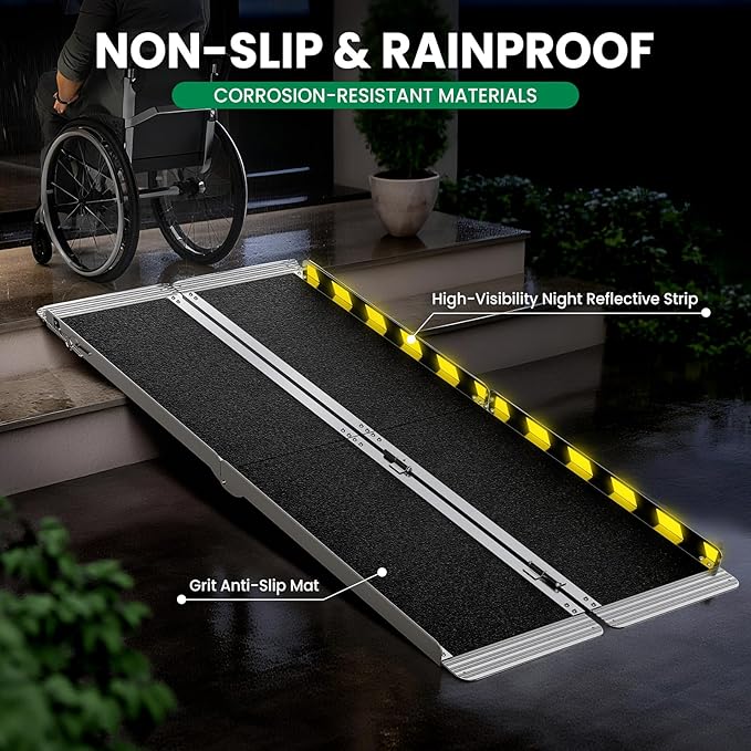 5 Feet Portable Wheelchair Ramp, 600 LBS Capacity Folding Aluminum Threshold Ramp with Anti-Slip Surface, Mobility Access Handicap Ramp for Home Steps, Doorway, Stairs, Doorways, Scooter