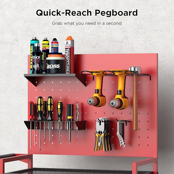 LimeHill Garage Power Tools Organizer Cart with Pegboard, Large Floor Standing Rolling Drill and Tools Battery Storage Cart on Wheels, Utility Rack Gift for Men, Husband, Father