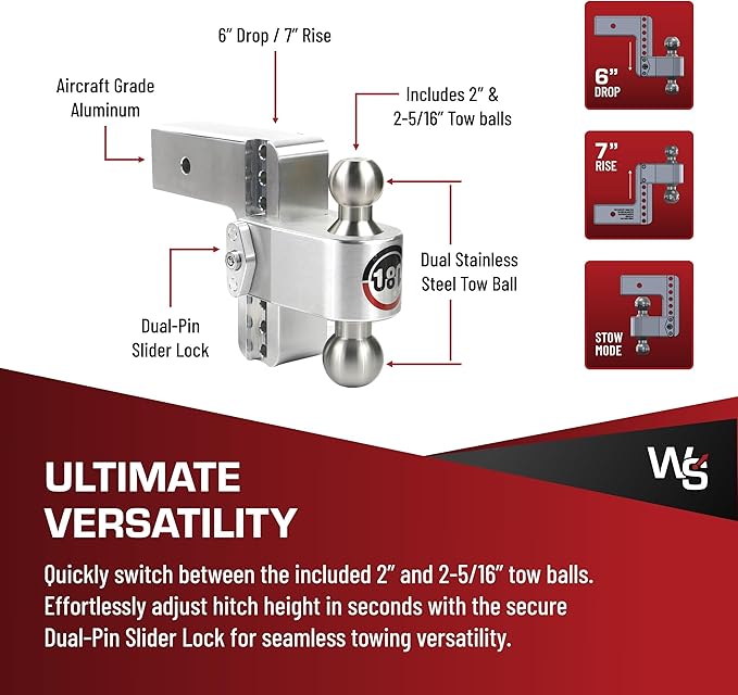 Weigh Safe 180-Degree Trailer Hitch - Adjustable Trailer Hitch for Towing - Compatible with 3" Receivers - 6" Drop, Stainless Steel Tow Balls, 21,000 GTW, 2-Piece Lock Set