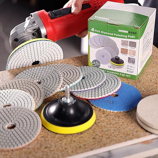 4 Inch Diamond Polishing Pads with 5/8’’-11 Backer Pad, 12PCS Wet/Dry Granite Stone Polish Pad Kit for Drill, Grinder, Polisher, 50-6000 Grit Polishing Pad for Concrete Marble Rock Countertop Quartz