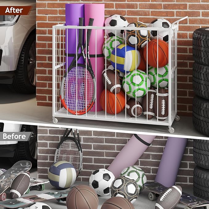 Homsorout Ball Storage Bin Rolling Sports Ball Cart, Metal Garage Organizer Sport Rack, Ball Basket Storage, Ball Cage for Garage or Gym, Indoor & Outdoor Sports Equipment Organizer