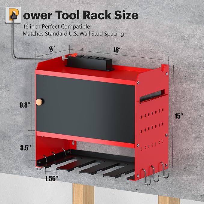 Spampur Power Tool Organizer Wall Mount with Charging Station,Garage Metal Cabinet 15 Min Quick Assembly & Max 150lb load with 6 Outlet Power Strip, 8 Slots Cordless Drill for Workshop/Shed/Tool Room