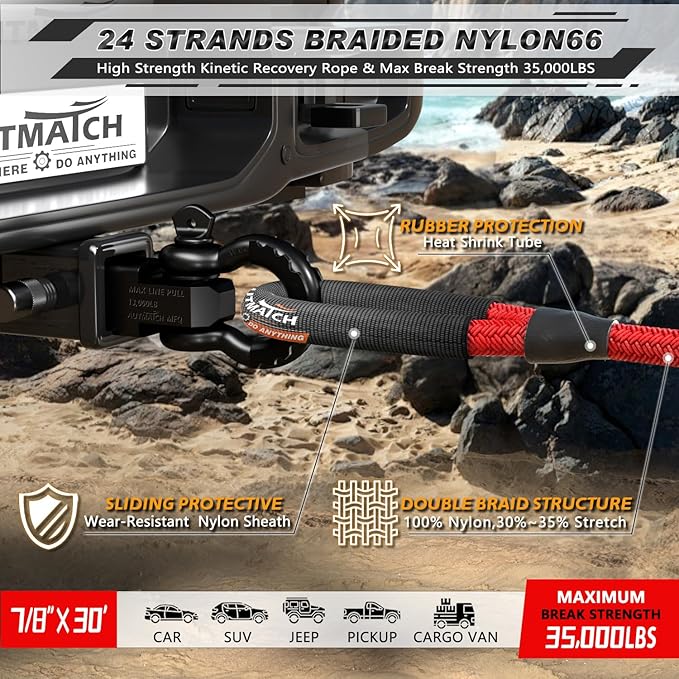 AUTMATCH Kinetic Recovery Tow Rope 7/8" x 30FT - Heavy Duty Energy Recovery Tow Rope 35000Lbs, 35% Elasticity Offroad Snatch Strap for 4x4 Off-Road Vehicle, Truck, Trailer, ATV, UTV, Red