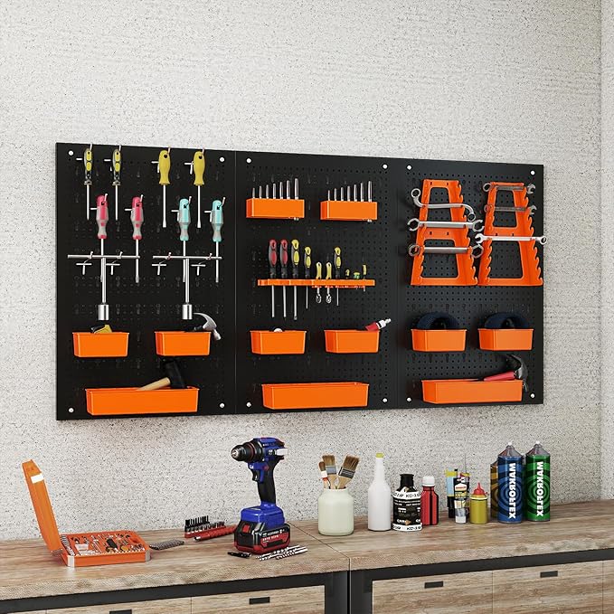 Goplus Pegboard Wall Organizer, 9-Bin Parts Rack Organizer w/Hammer Racks, Tool Holders & Hooks, Heavy-Duty Utility Tool Storage Board w/Accessories for Garage, Workshop, Craft Room