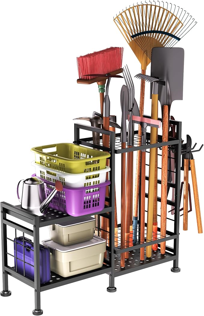 GIOTORENT 5 Tier Garden Tool Organizer, Metal Yard Tools Storage Rack, Garage Storage and Organization, Heavy Duty Garden Tool Organizer for Garage, Yard, Patio, Shed, Indoors and Outdoors, Black
