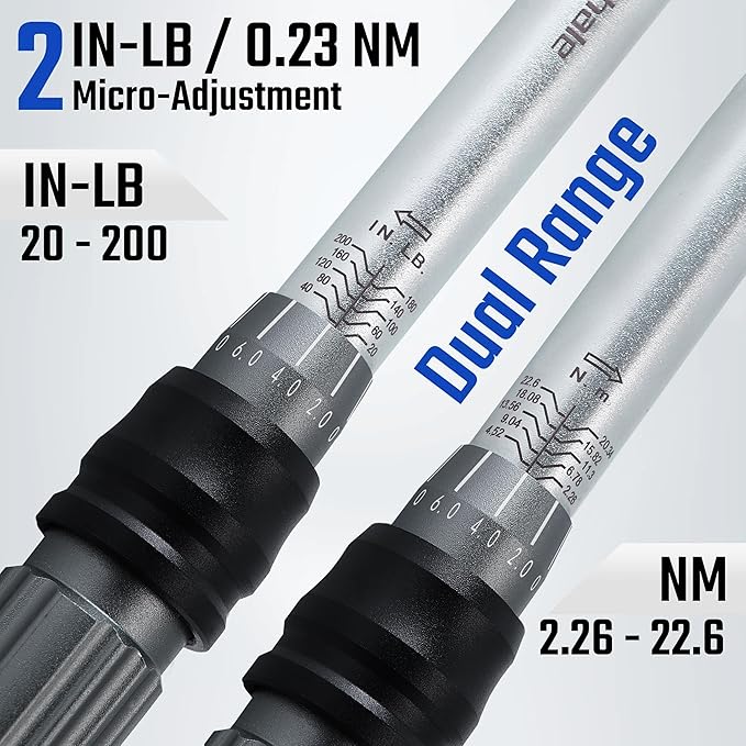 1/4-Inch Drive 20-200 Inch Pound Torque Wrench Kit (2.26-22.6 Nm) for Carbon Bikes Maintenance, 1/4'' Drive, 72-Tooth Gear Ratchet, 43in1 Set with 30pcs S2 Steel Bits and 9pcs CrV Sockets