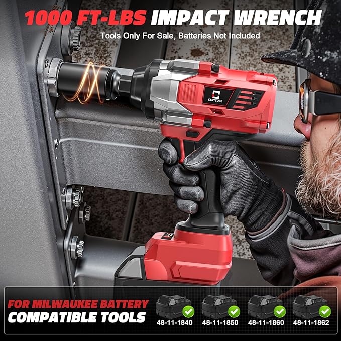 Cerycose 1000 FT-LBS Cordless Impact Wrench 1/2" Compatible with Milwaukee 18V Battery – with 6 Sockets and Toolbox, Brushless Electric Impact Gun, Includes LED Work Light – High Torque Driver